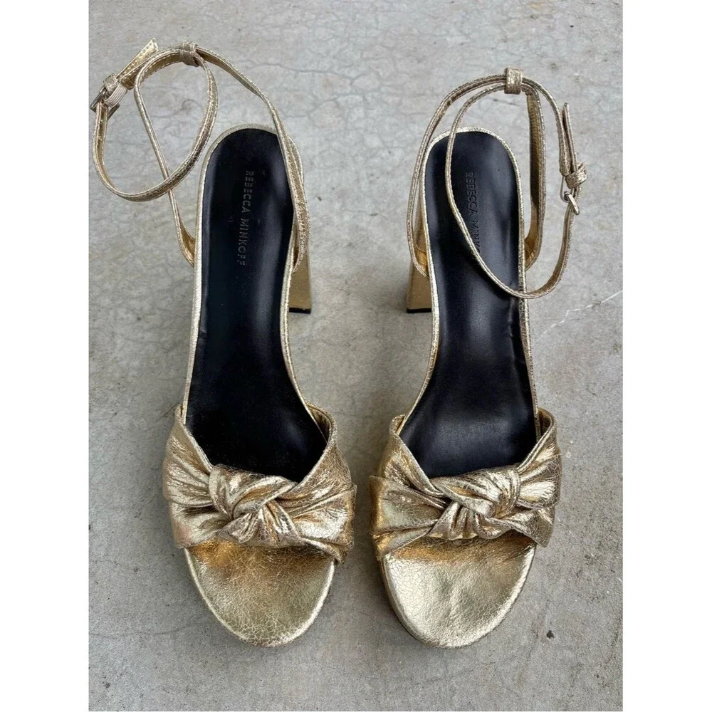 Rebecca Minkoff Gold Platform Heels Metallic Bow Ankle Strap Sandals Glam 11